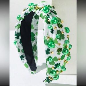 St. Patrick’s Day Top Knot Headband Green Clover Pearl Embellishments